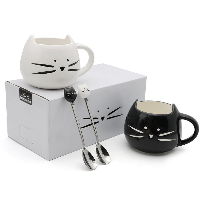Koolkatkoo Cute Cat Mug Ceramic Coffee Mugs Set Gifts for Women Girls Cat Lovers Funny Small Cup with Spoon 12 oz Black and White - Image 2